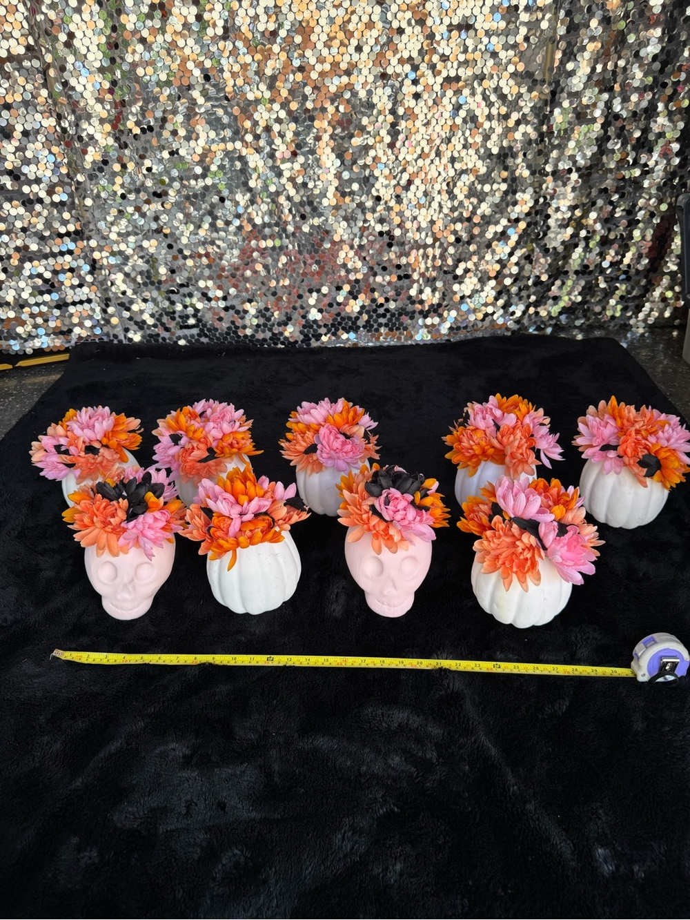 Set of 10 Faux Floral Pumpkin & Skull Centerpieces in Pink, Orange and Black